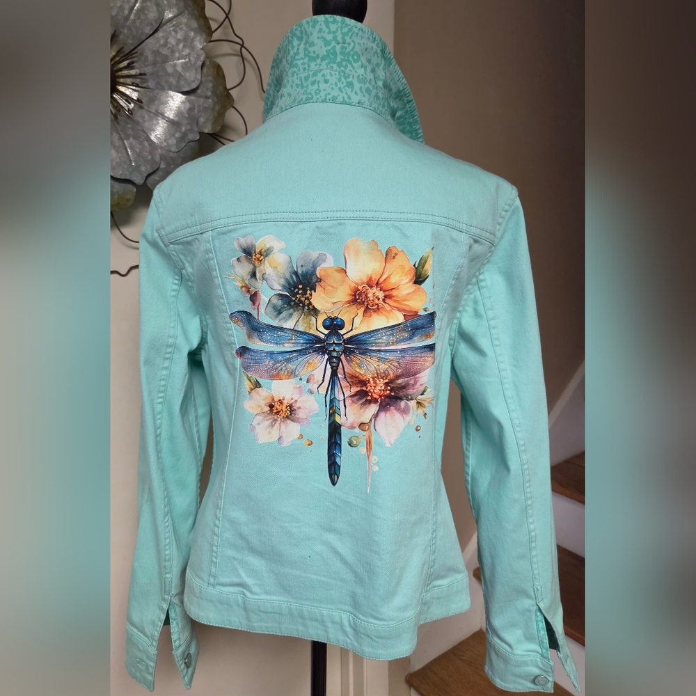 Women's Mint Floral Dragonfly Denim Jacket